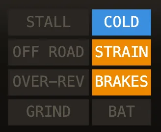 The dashboard warning lamps and pedal LED bars